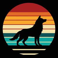 Wolf silhouette on retro moon and stripes design for creative uses with vibrant retro colors and dynamic styles. vector