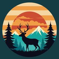 Deer silhouette in retro mountain forest scene design for creative uses with vibrant retro colors and dynamic styles. vector