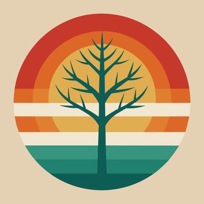 Minimalist tree with a retro sun circle behind design for creative uses with vibrant retro colors and dynamic styles.