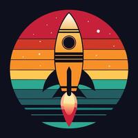 Retro rocket silhouette in outer space gradient design for creative uses with vibrant retro colors and dynamic styles. vector