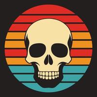 Retro skull silhouette on striped horizon backgro design for creative uses with vibrant retro colors and dynamic styles. vector
