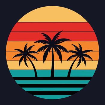 Retro sun layers over palm trees design for creative uses with vibrant retro colors and dynamic styles. vector