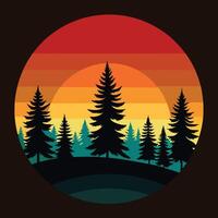 Retro forest silhouette with gradient sky design for creative uses with vibrant retro colors and dynamic styles. vector