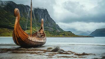 Ancient Viking Longship on a Misty Beach photo