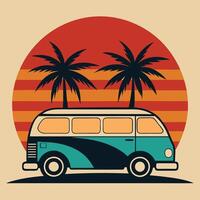Retro van silhouette with palm tree and sunset design for creative uses with vibrant retro colors and dynamic styles. vector