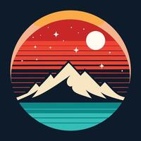Retro starry night with circular mountain silhoue design for creative uses with vibrant retro colors and dynamic styles. vector