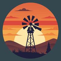Retro windmill silhouette with sunset background design for creative uses with vibrant retro colors and dynamic styles. vector