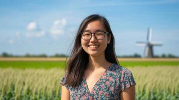 Smiling Woman in a Field with a Windmill in the Background photo