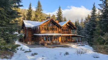 Stunning Log Cabin in a Snowy Forest photo