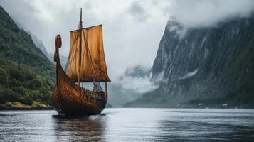 Viking Ship in a Majestic Fjord Landscape photo