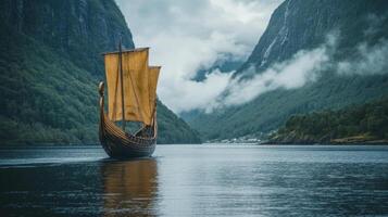 Viking Ship on a Misty Fjord - A Majestic Voyage Through Time photo