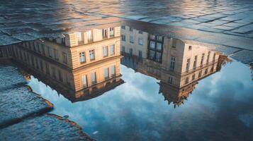 City Buildings Reflected in a Puddle photo