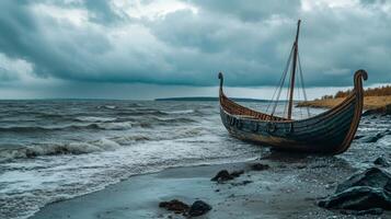 Viking Longship on a Stormy Coastline photo