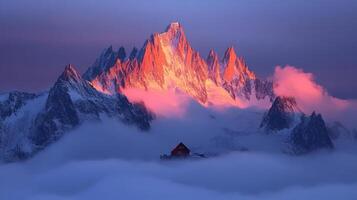 Majestic Mountain Sunrise with a Cozy Cabin photo