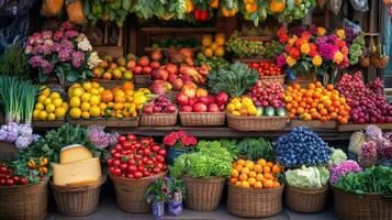 A Colorful Array of Fresh Fruits and Vegetables at a Market photo