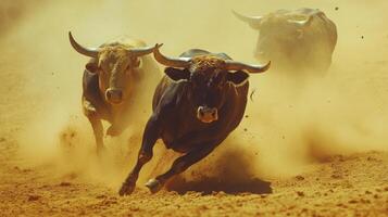 Powerful Bulls Running in the Dust photo