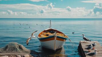 Tranquil Coastal Scene with Fishing Boat and Gulls photo
