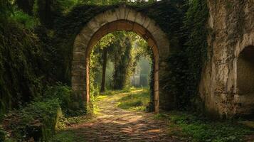 Ancient Stone Archway Through Lush Forest photo
