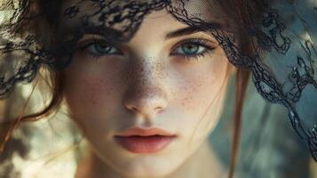 Close-up Portrait of a Woman with Freckles and Lace Veil photo