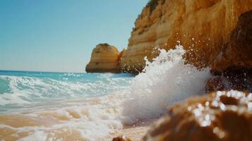 Coastal Waves Crashing on Golden Rocks photo