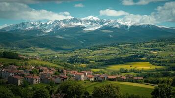 Snow-capped Mountains and a Picturesque Village Valley photo