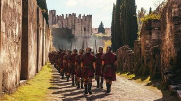 Ancient Roman Legion Marching Through Historical City Walls photo