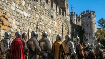 Medieval Knights in Armor by the Castle Wall photo