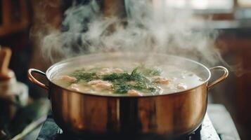 Steaming Hot Soup in a Copper Pot photo
