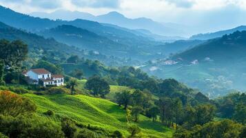 Serene Mountain Valley Landscape with Farmhouse photo