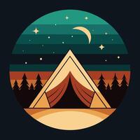 Retro tent silhouette under a starry sky design for creative uses with vibrant retro colors and dynamic styles. vector