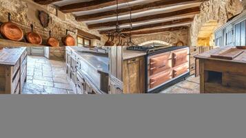 Rustic Farmhouse Kitchen with Stone Walls and Copper Pots photo