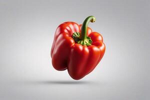 A single red bell pepper, isolated on a gray background, with a soft shadow below. photo