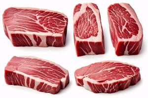 Raw beef steaks, different angles, isolated white. photo