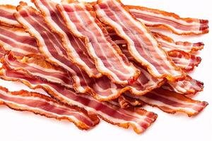 Close-up of crispy bacon strips on a white background. photo