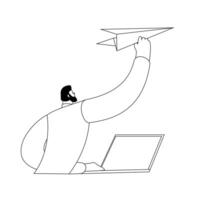 Man launches paper airplane. Isolated character. vector