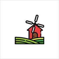 A red house with a windmill on top of it vector