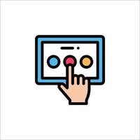 A hand pressing a button on a tablet vector