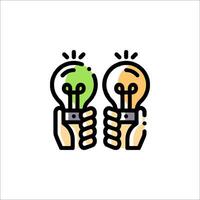 Two hands holding up a light bulb with a green and yellow light bulb vector
