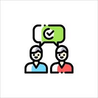 Two people are talking with a green check mark vector