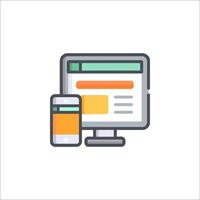 A computer and phone are shown in a flat line icon vector