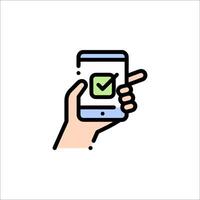A hand holding a phone with a check mark on it vector