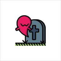 A cartoon ghost is standing next to a tombstone vector