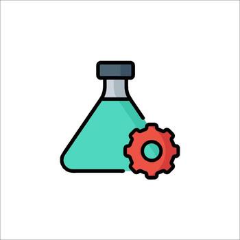 A laboratory flask with a gear and a red button vector