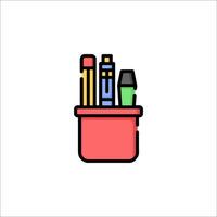 A red box with pencils and pens in it vector