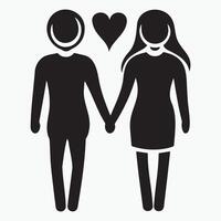 Elegant black silhouette icon of a couple holding hands with a heart floating above, symbolizing romance, affection, and unity in a minimalist style. vector