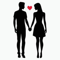 Black silhouette of a couple holding hands under a red heart, symbolizing love, unity, and romantic connection in a timeless design. vector