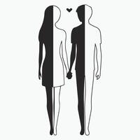 Black silhouette of a man and woman holding hands with a small heart above them, symbolizing love, intimacy, and a romantic bond in a clean, minimalist design. vector