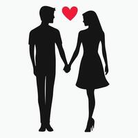 Silhouette of a couple holding hands with a red heart above them, symbolizing love, romance, and connection. Simple and elegant design. vector