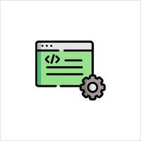A green and white icon of a computer screen with a gear vector