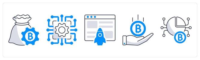 A set of 5 bitcoin icons as financial management, technology, website launch vector